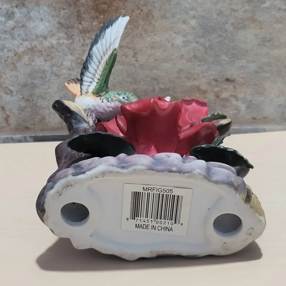 Vintage Porcelain Hummingbird with Sculptured Red Roses Highly Detailed Figurine